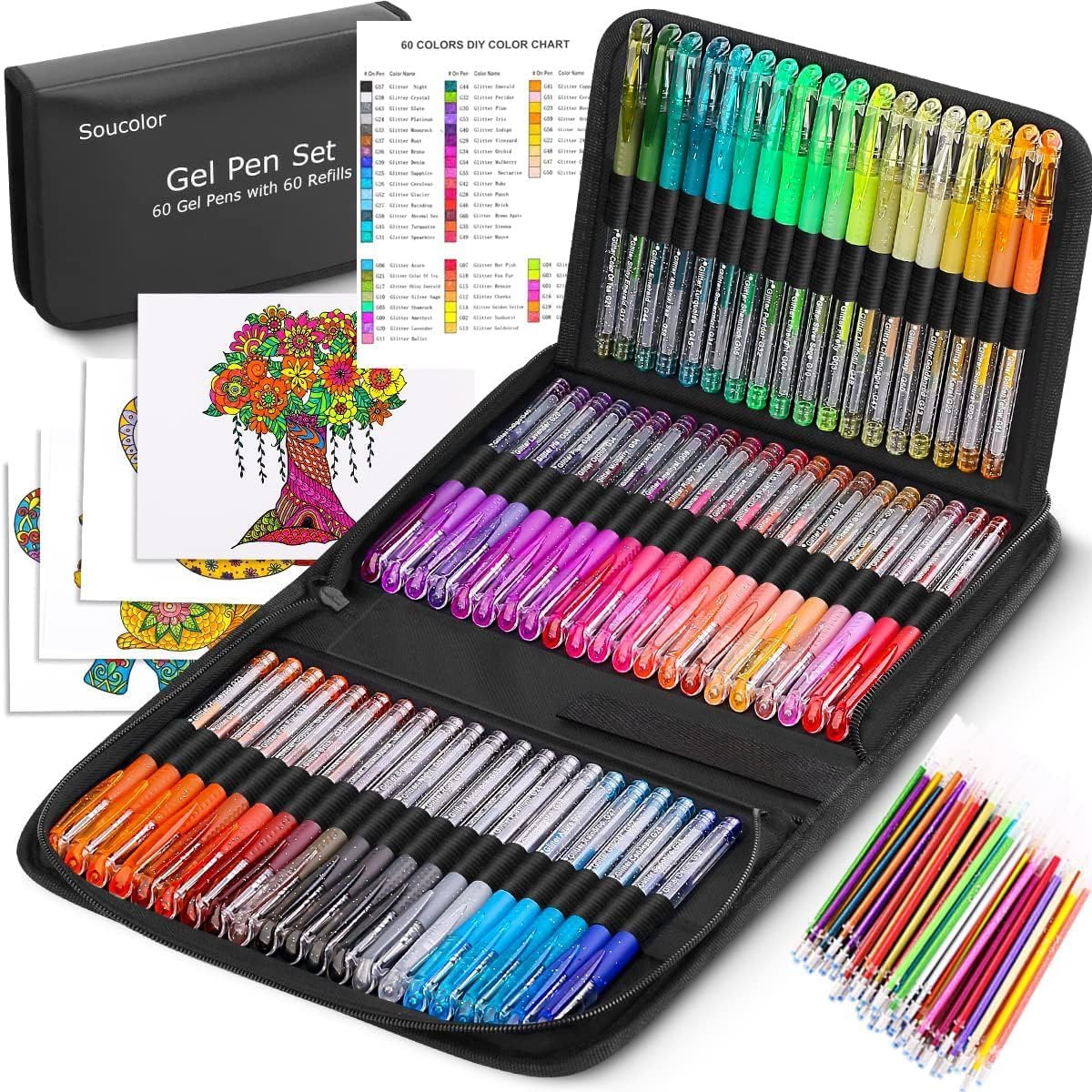 Soucolor Gel Pens for Adult Coloring Books, Deluxe 120 Pack-60 Colored Gel Pens, 60 Refills and Travel Case